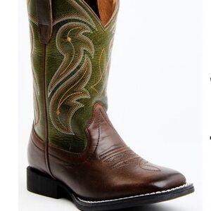 RANK 45 Kasey Boys Brown Leather Cowboy Boots with Green Embroidered